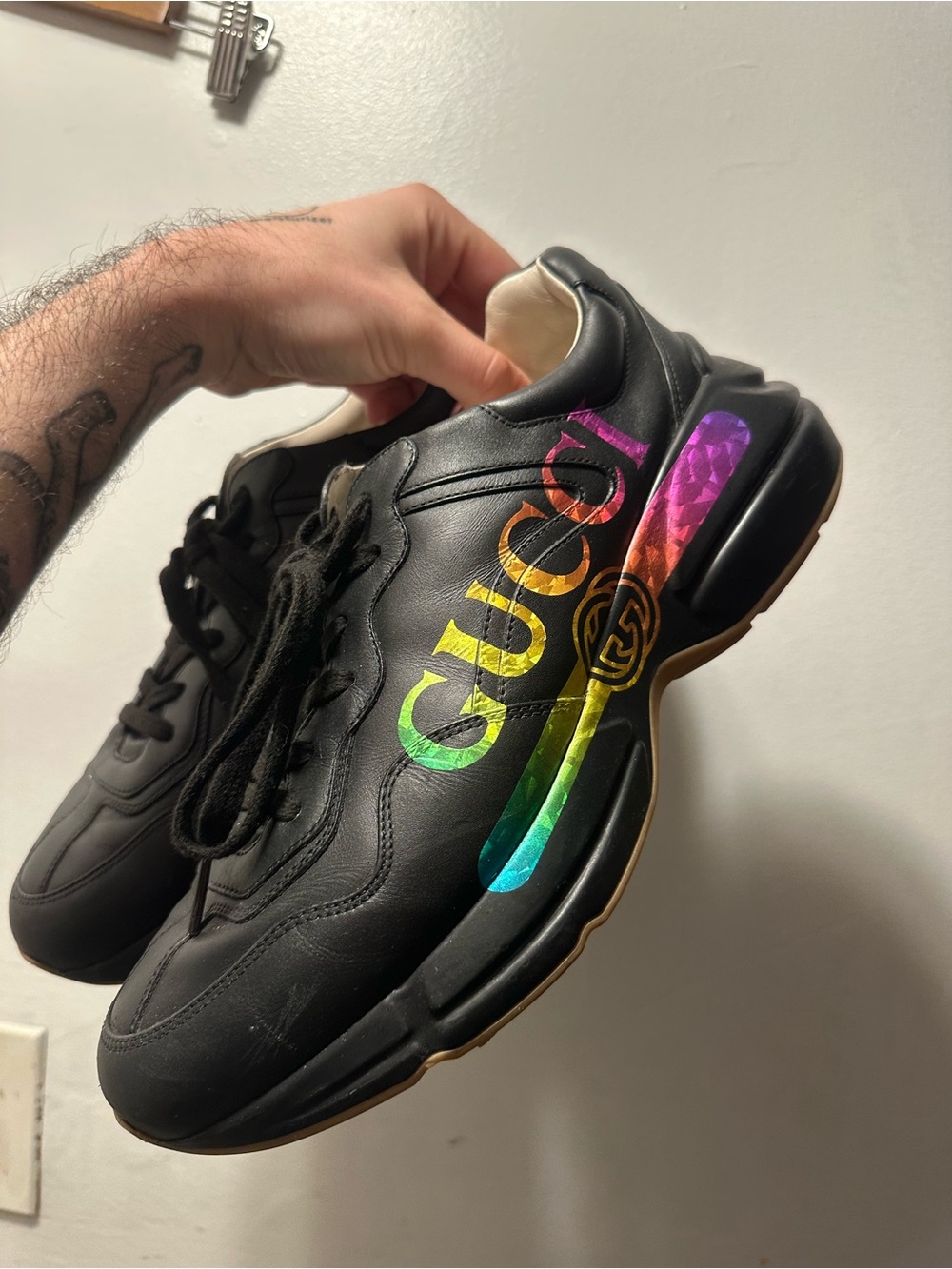 Gucci Black Leather Men's Sneaker with Rainbow Logo Accent 8.5